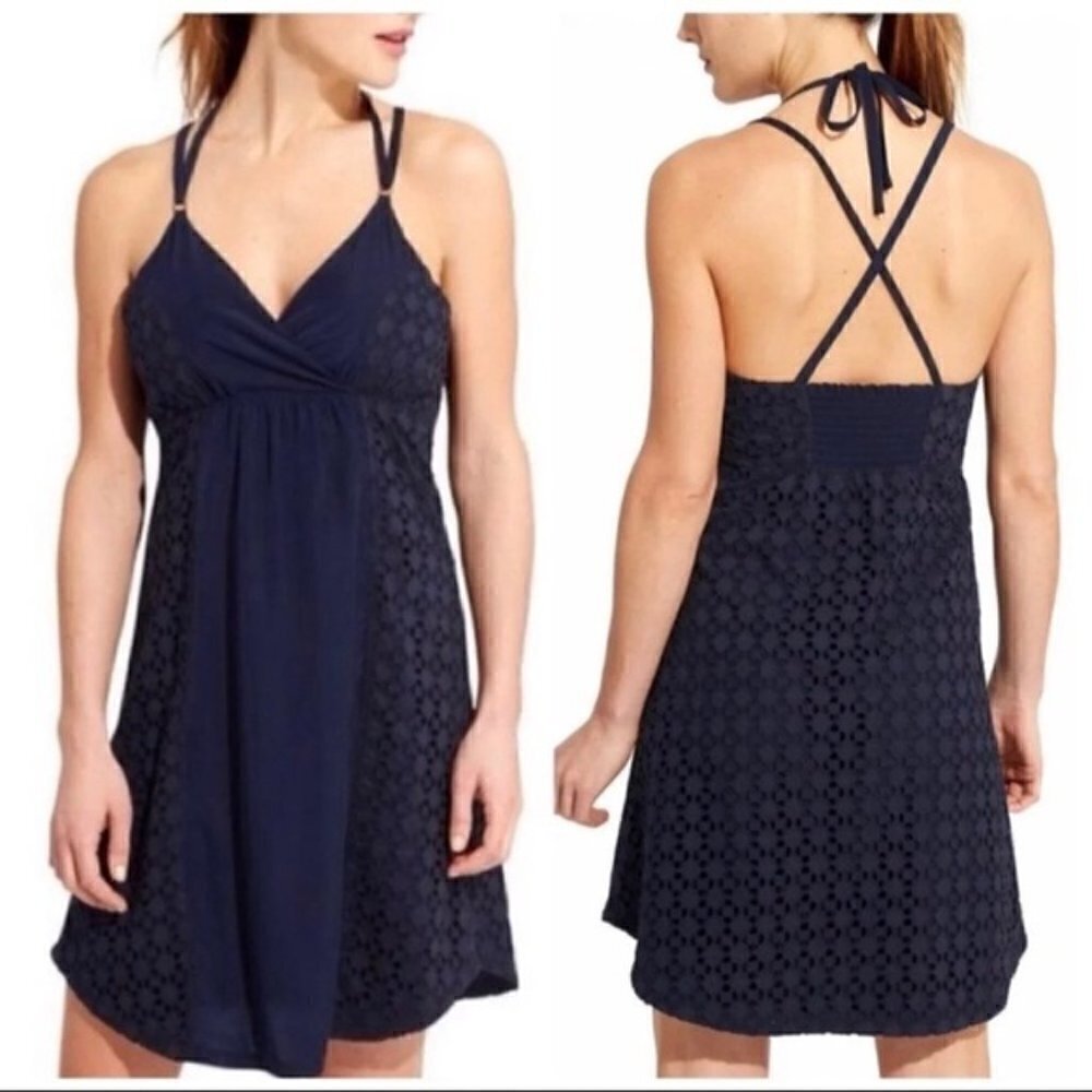 Athleta Navy Blue Lace-Panel Mini Dress